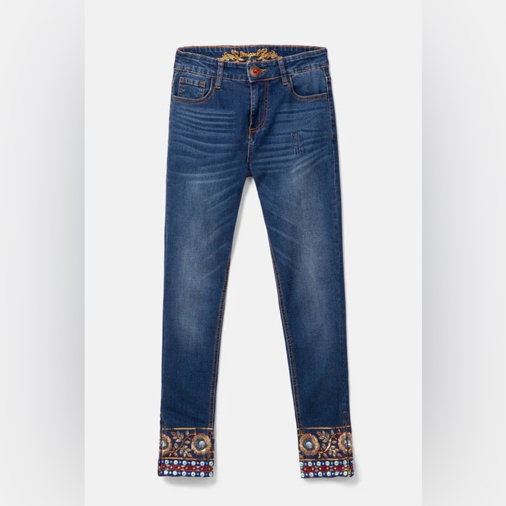 Desigual Dark Blue Skinny Jeans with Multicolor Embroidered Cuff